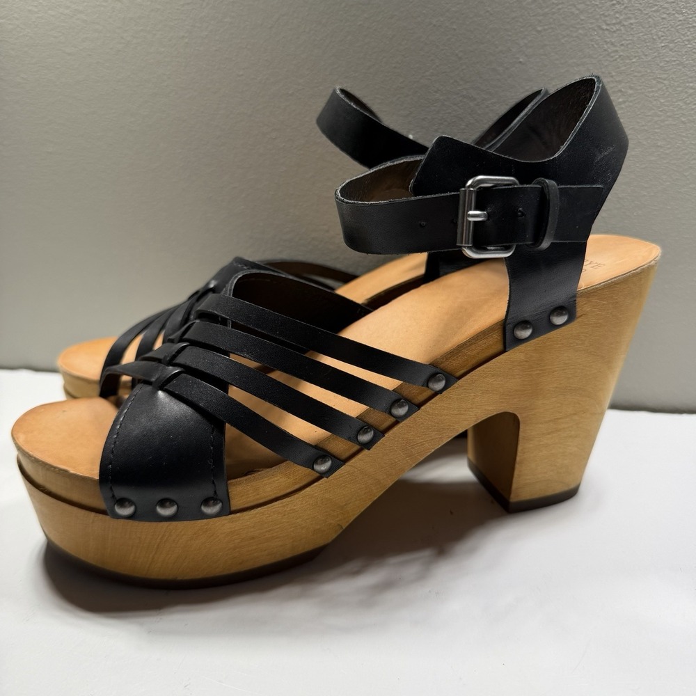 Frye Women's Black Wooden Platform Clog Heel Sandals 10 Leather Boho